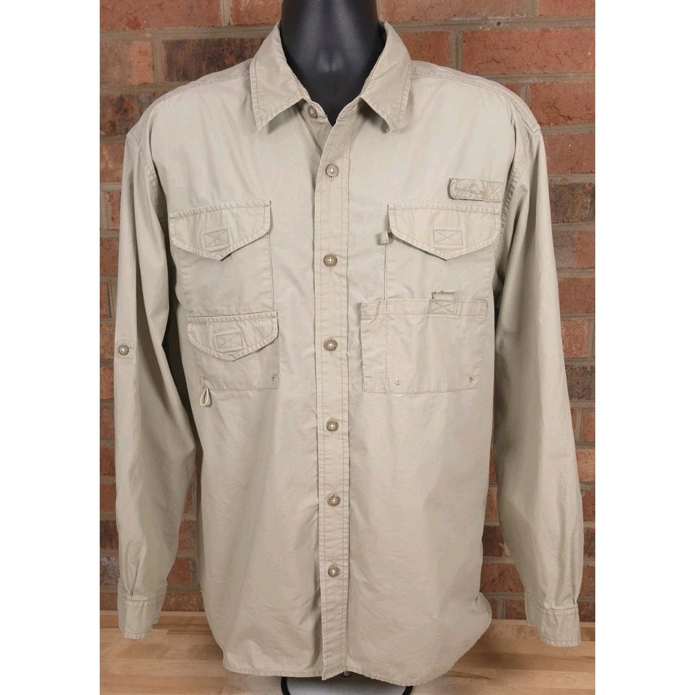 Eddie Bauer Safari Shirt Mens Large Tan Khaki Long Sleeve Vented